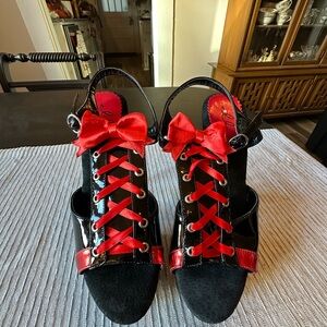 Ellie Black Patent Leather Peep-Toe Sandals with Red Ribbon Laces